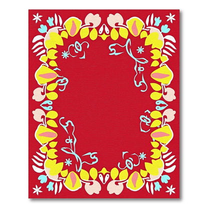 Whimsical Red Yellow Floral Frame Rug