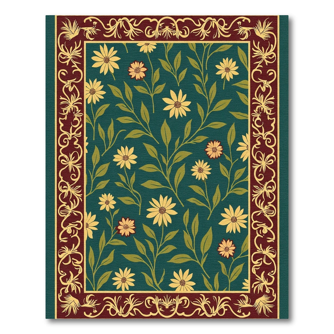 Deep Teal Floral Vine Border Rug