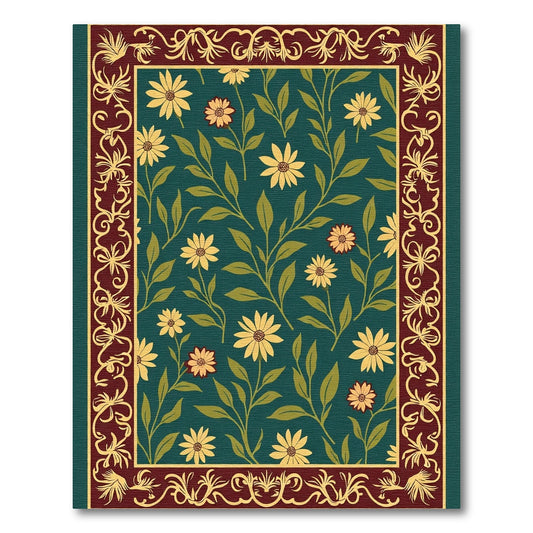 Deep Teal Floral Vine Border Rug