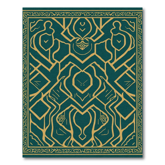 Deep Teal Gold Abstract Symmetry Rug