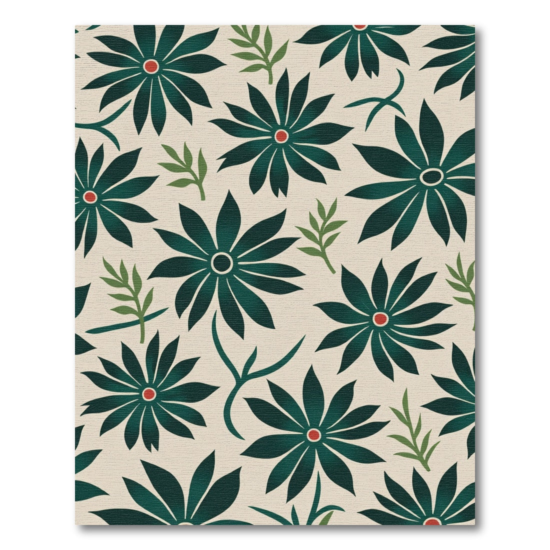 Dark Green Floral Compositions on Cream Rug