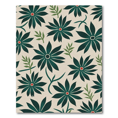 Dark Green Floral Compositions on Cream Rug