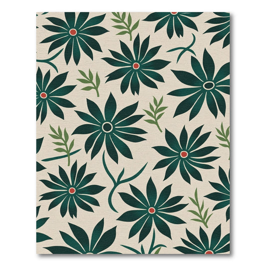 Dark Green Floral Compositions on Cream Rug