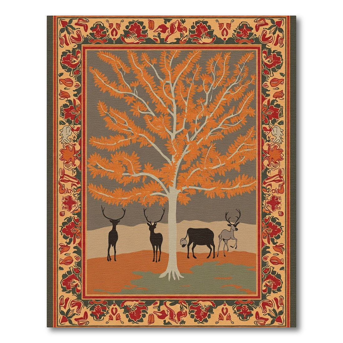Autumn Woodland Tree Deer Scene Rug