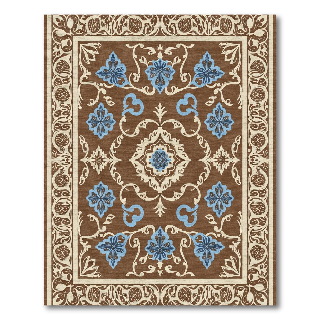 Brown Cream Blue Floral Medallion Rug