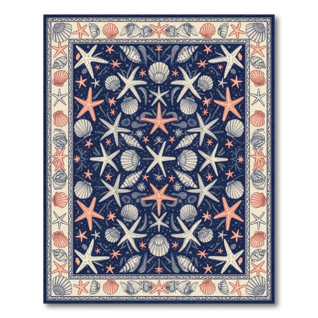Blue and Teal Navy Coastal Starfish Seashell Area Rug