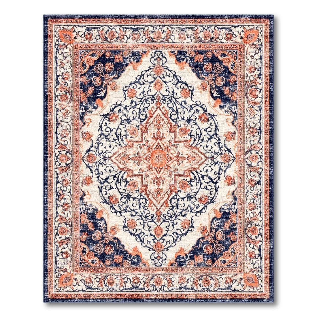 Navy Blue Orange Persian Medallion Rug
