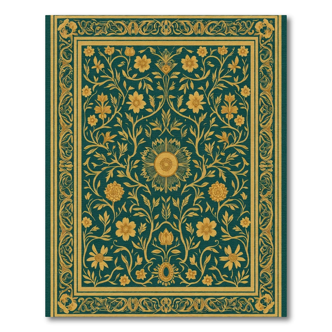 Teal Golden Floral Vine Medallion Rug