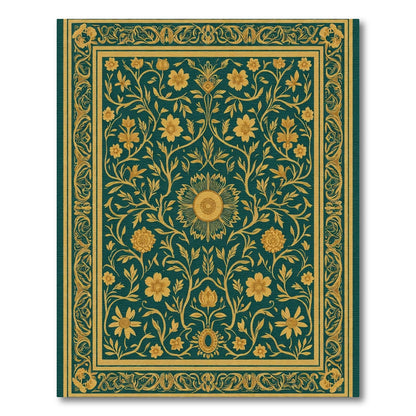 Teal Golden Floral Vine Medallion Rug