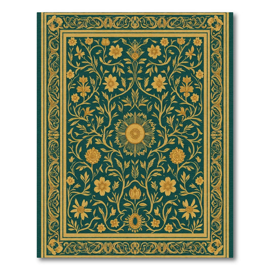Teal Golden Floral Vine Medallion Rug
