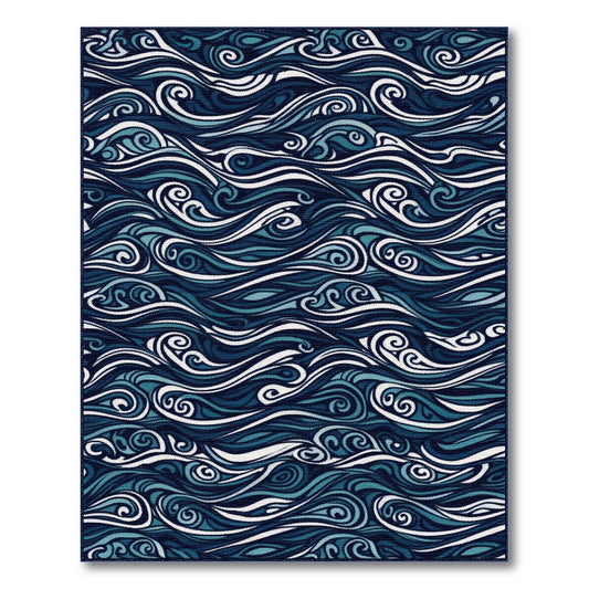 Blue Teal Wave Coastal Beach Area Rug
