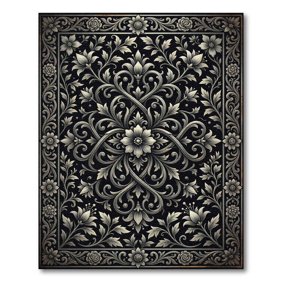 Intricate Floral Scrollwork Monochrome Rug