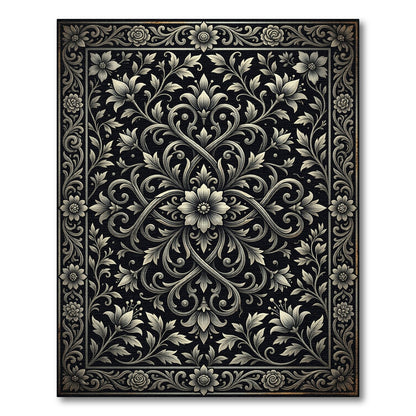 Intricate Floral Scrollwork Monochrome Rug
