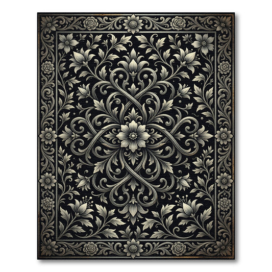 Intricate Floral Scrollwork Monochrome Rug