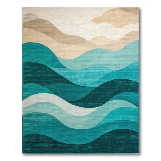 Layered Teal Beige Waves Rug