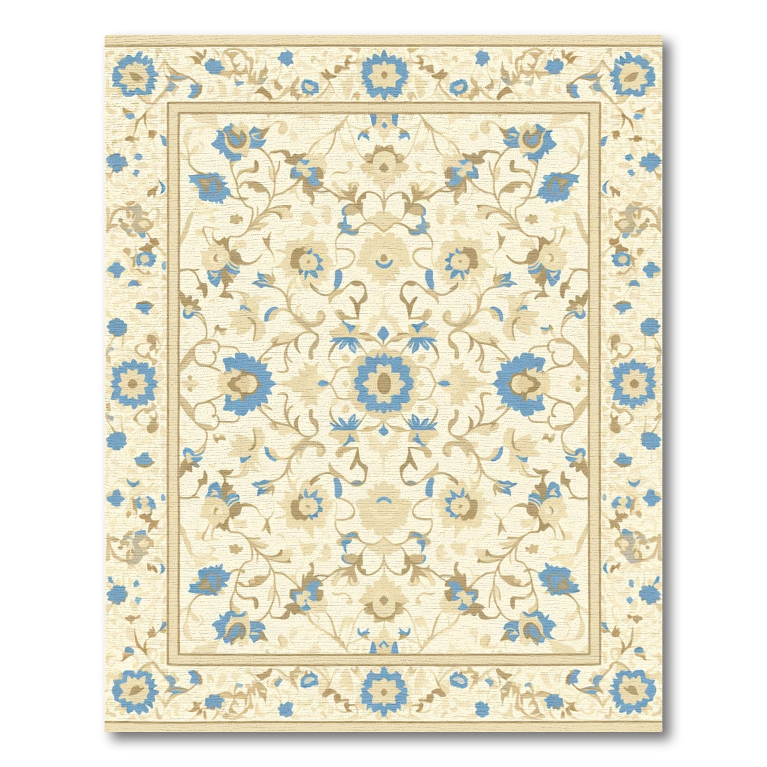 Cream Blue Floral Scroll Work Rug