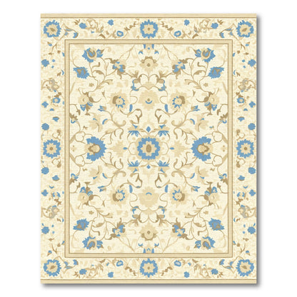 Cream Blue Floral Scroll Work Rug