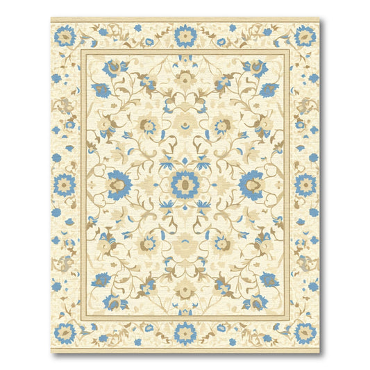 Cream Blue Floral Scroll Work Rug