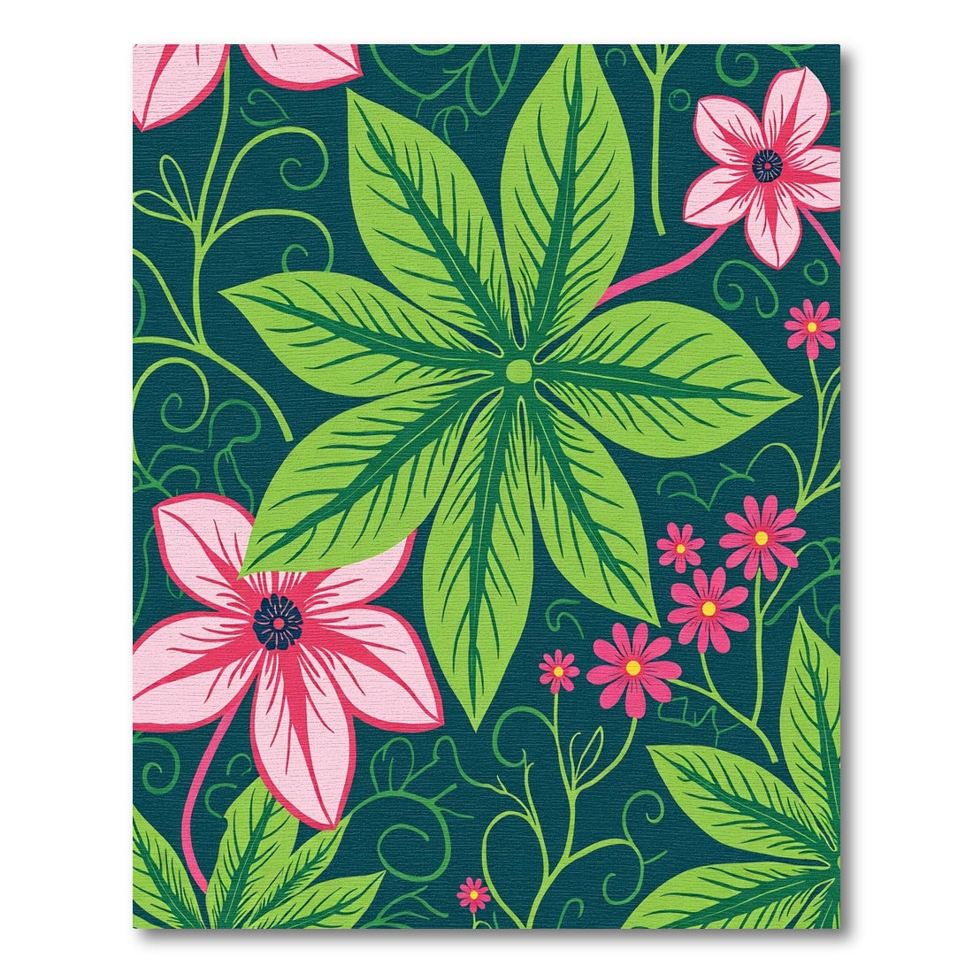Vibrant Pink Floral Green Leafy Vines Rug
