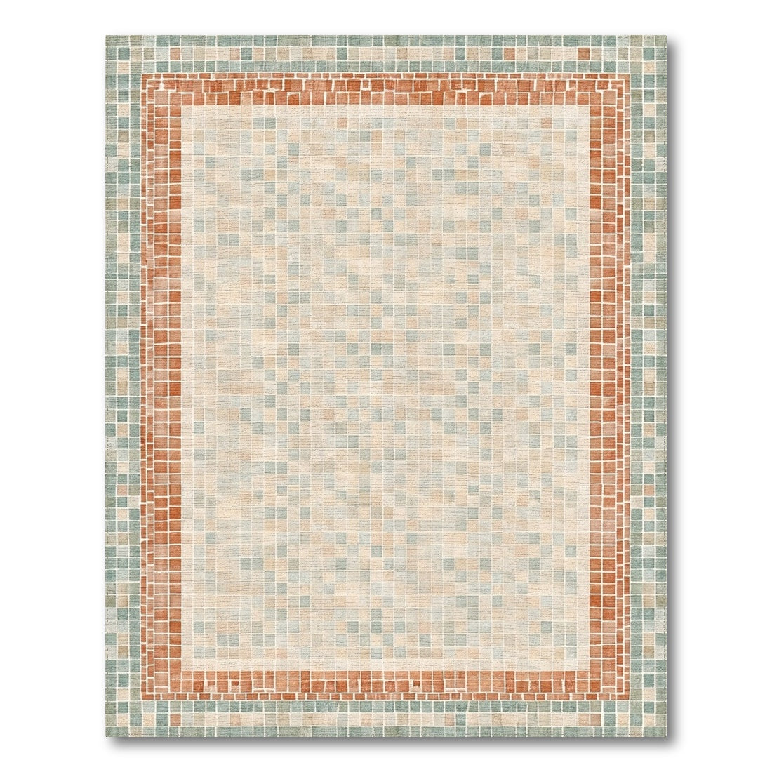 Beige Mosaic Tile Area Rug with Terracotta Border