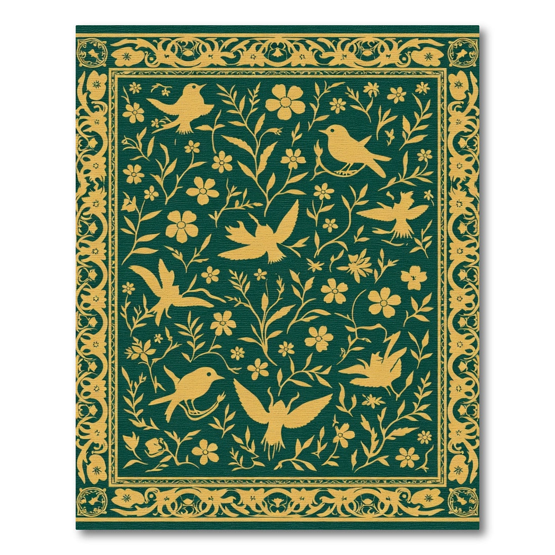 Golden Birds Floral Vine Green Rug