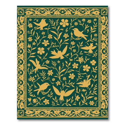 Golden Birds Floral Vine Green Rug
