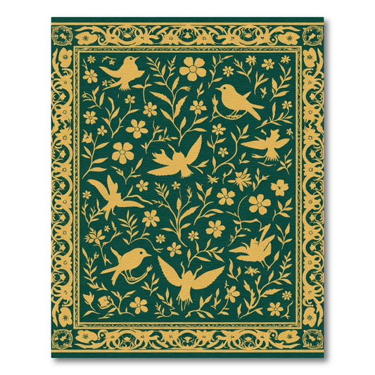 Golden Birds Floral Vine Green Rug