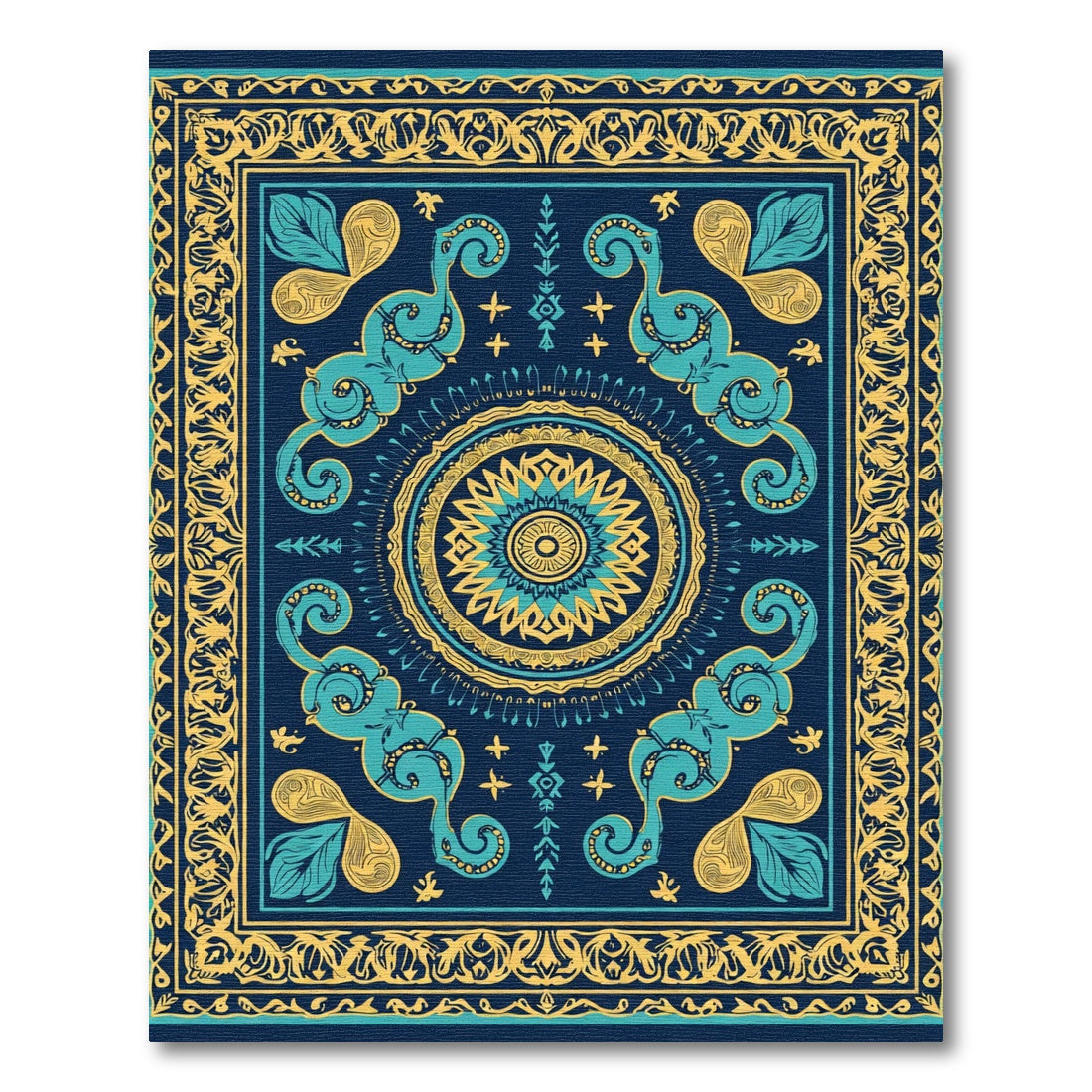 Deep Teal Yellow Mandala Border Rug