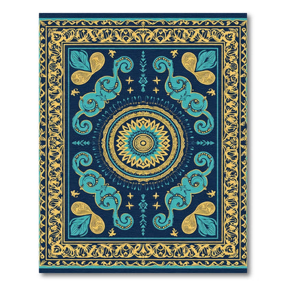 Deep Teal Yellow Mandala Border Rug