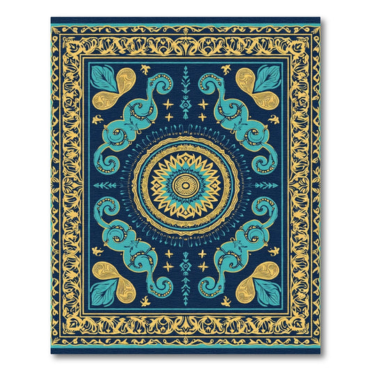 Deep Teal Yellow Mandala Border Rug