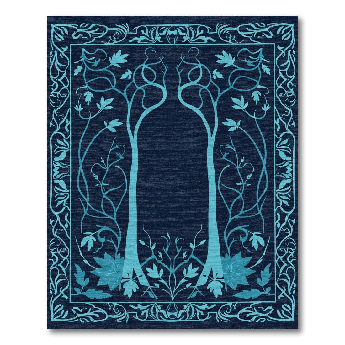 Cyan Tree Flourish Scroll Border Rug