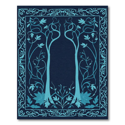 Cyan Tree Flourish Scroll Border Rug