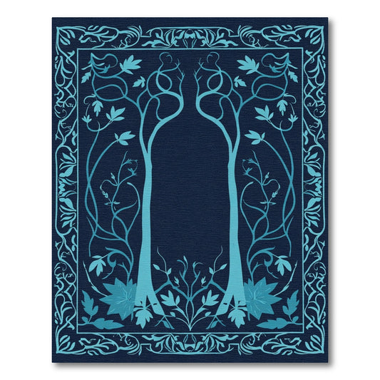 Cyan Tree Flourish Scroll Border Rug