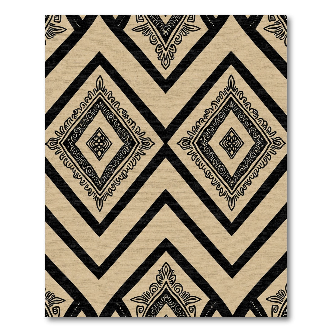 Ecru Black Geometric Diamond Medallions Rug