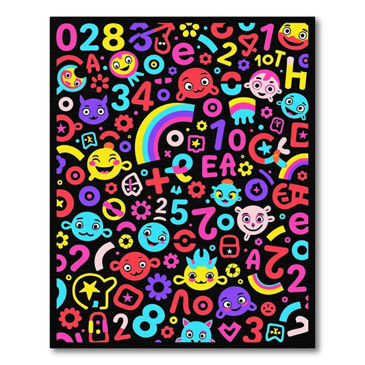 Colorful Characters and Numbers Collage Rug