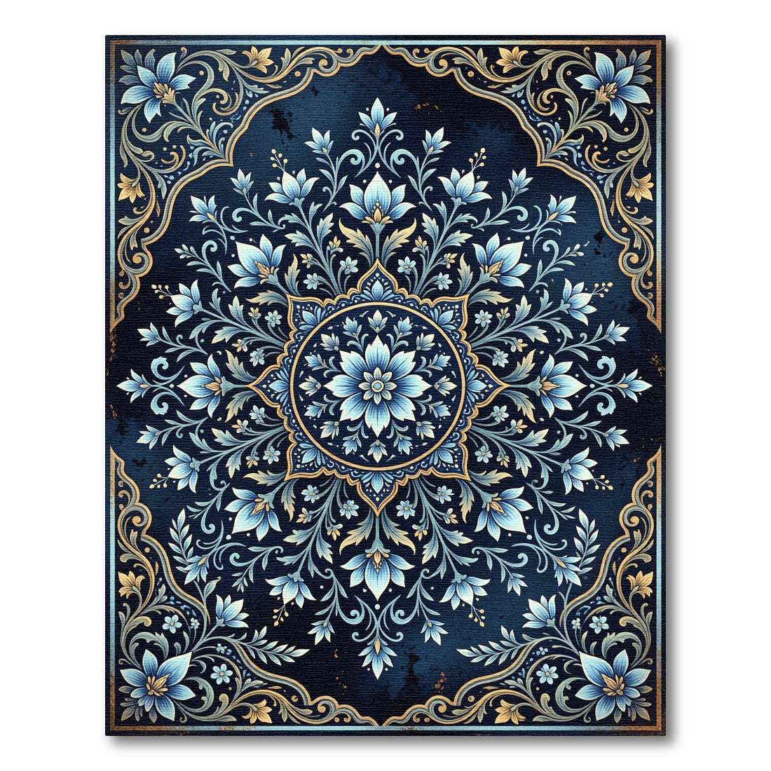 Deep Blue Golden Floral Medallion Rug