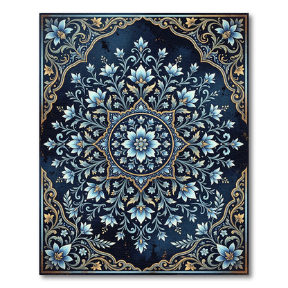 Deep Blue Golden Floral Medallion Rug