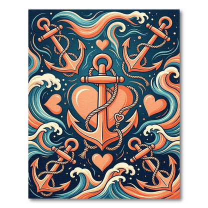 Nautical Orange Anchor Heart Waves Rug
