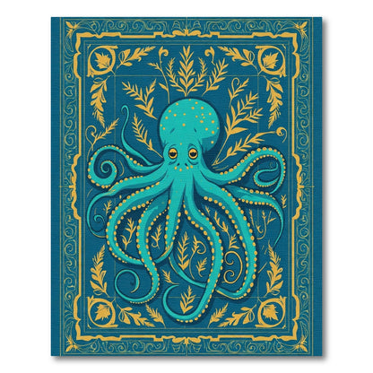 Teal Octopus Floral Border Rug