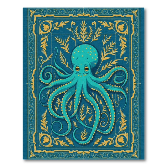 Teal Octopus Floral Border Rug