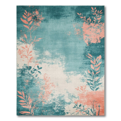 Distressed Teal Coral Leaf Area Rug