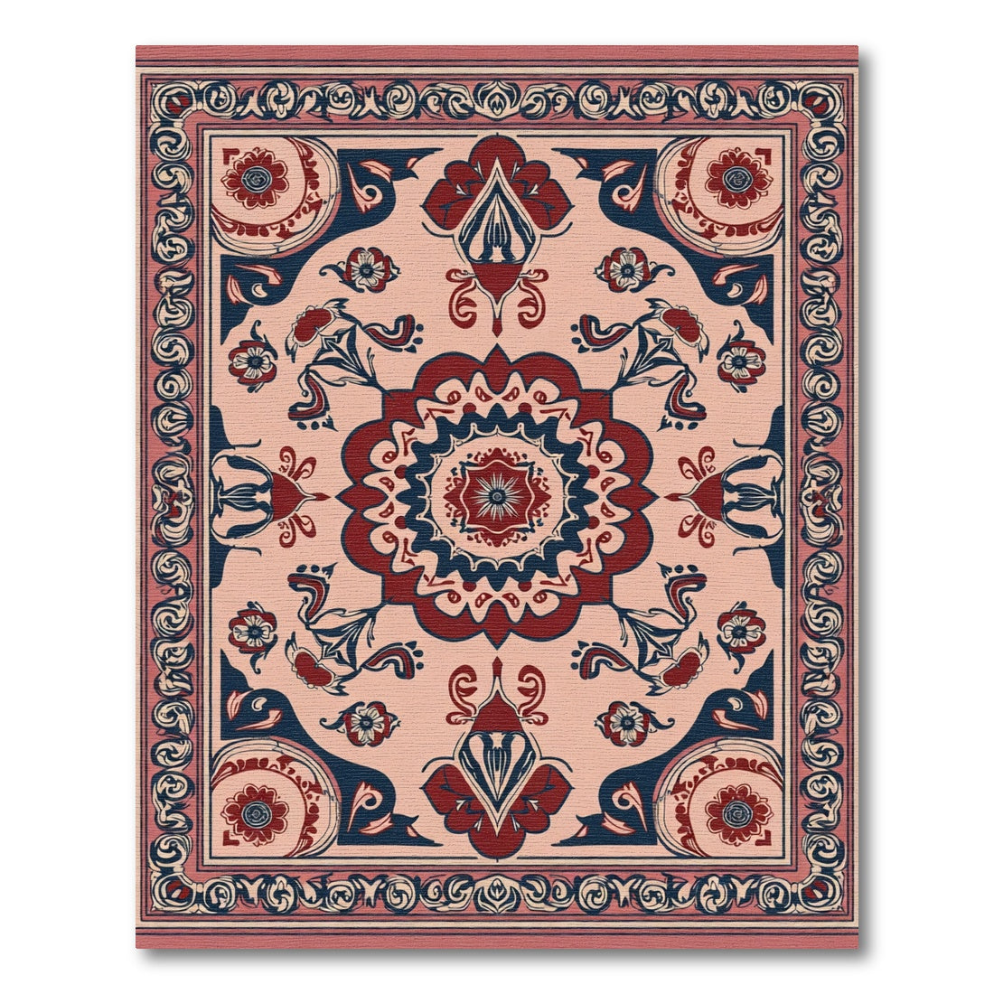 Crimson Navy Floral Medallion Border Rug