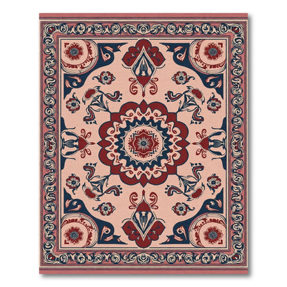 Crimson Navy Floral Medallion Border Rug