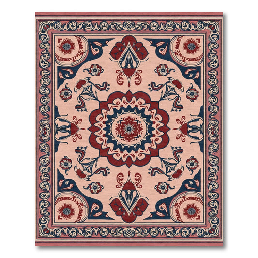 Crimson Navy Floral Medallion Border Rug