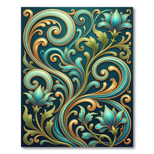 Ornate Teal Gold Floral Vine Rug