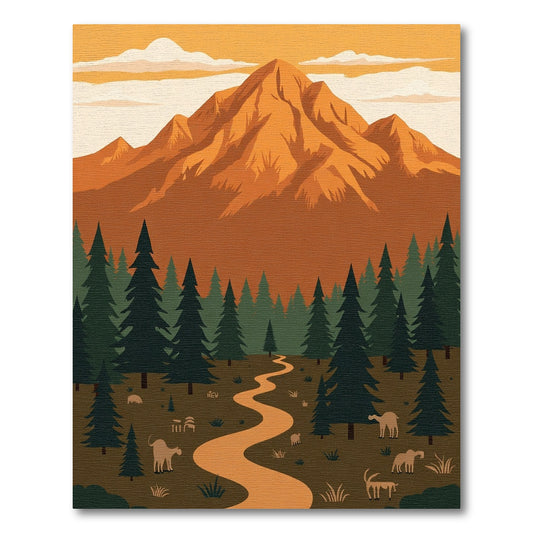Orange Mountain Forest Pathway Animals Rug