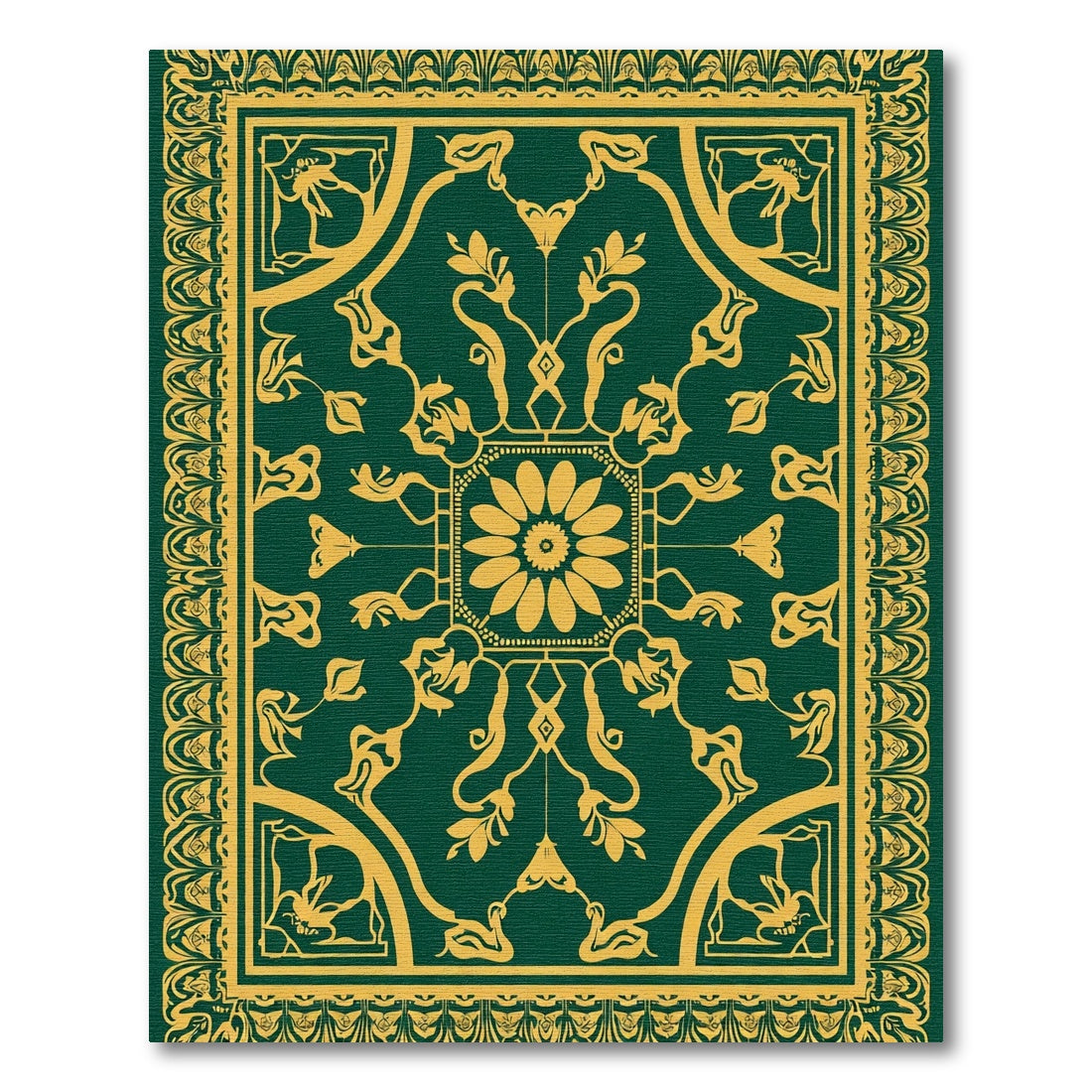 Deep Emerald Gold Stylized Botanical Medallion Rug