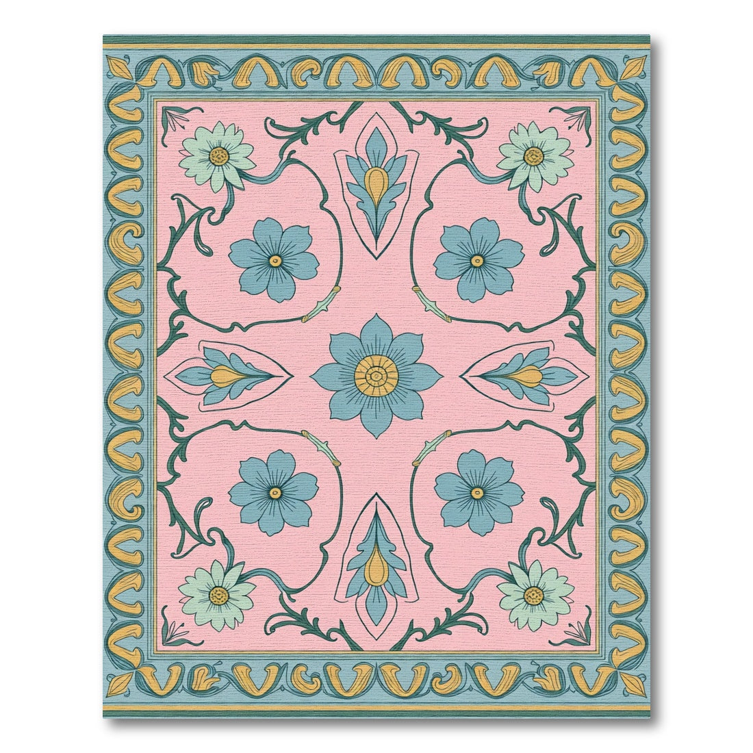 Pink Blue Floral Art Nouveau Border Rug