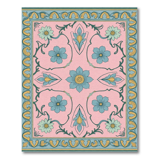Pink Blue Floral Art Nouveau Border Rug