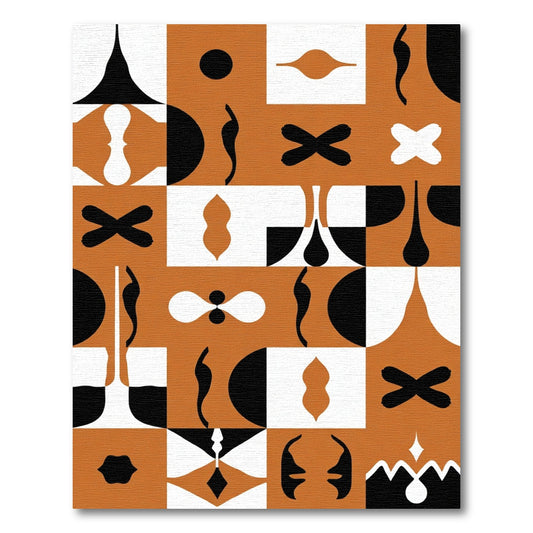 Modern Abstract Ochre Black White Shapes Rug